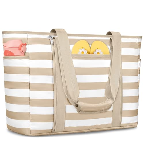 Extra Large Beach Bags for Women, Waterproof Sandproof Beach Tote Bag Foldable Swim Pool Bag with Zipper and Wet Pocket - color: Khaki White