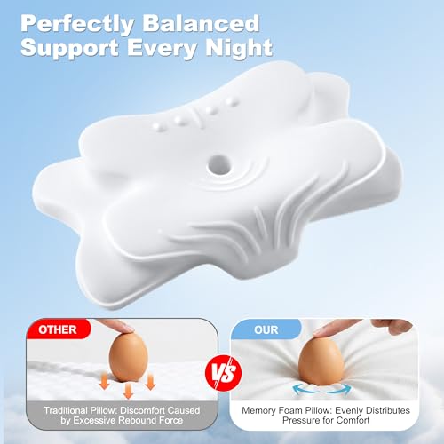 VYLEE Cervical Neck Pillow for Pain Relief, Cooling Memory Foam Pillow - color: Blue and White