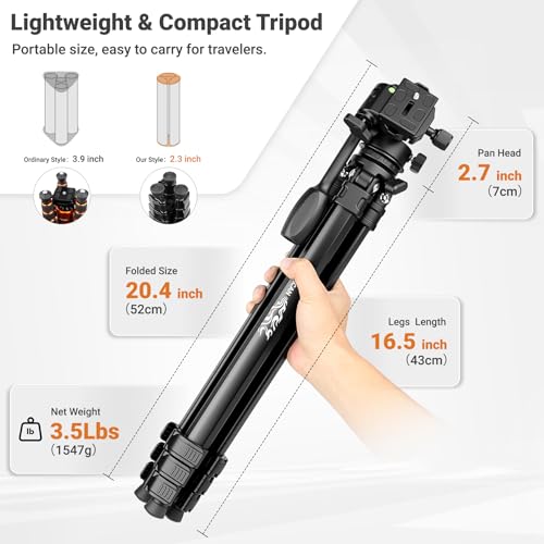 JOILCAN 66" Travel Tripod for Camera, Aluminum Compact Tripod | with Pan Head, Cell Phone Holder & Carry Bag, Max Load 22lbs for Camera DSLR Camcorders Spotting Scope iPhone - color: Metallic Black