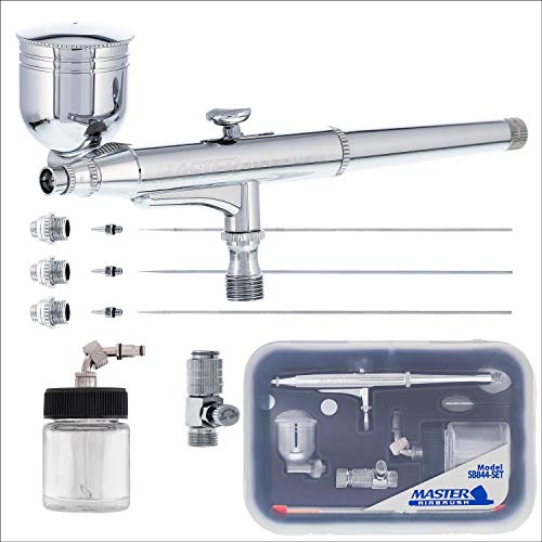 Master Airbrush SB84 Multi-Purpose Dual-Action Side Bowl Feed Air Brush Kit with 3 Nozzle Sets (0.2, 0.3 & 0.5mm Needles, Fluid Tips and Air Caps) - Airbrush Gun for Painting, Auto, Art, Cake, Hobby