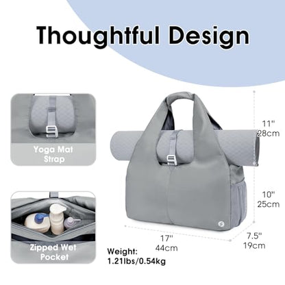 Sportsnew Tote Yoga Mat Gym Bag 20L Women W/Shoe Compartment Wet Dry Pocket | Water-Resistant Gym Tote - Mat Strap, Ventilated Shoe Bin, Wet Pocket, Padded Handle, Multi Pockets, Side Mesh & Key Clip - color: Grey