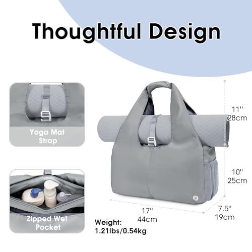 Sportsnew Tote Yoga Mat Gym Bag 20L Women W/Shoe Compartment Wet Dry Pocket | Water-Resistant Gym Tote - Mat Strap, Ventilated Shoe Bin, Wet Pocket, Padded Handle, Multi Pockets, Side Mesh & Key Clip - color: Grey