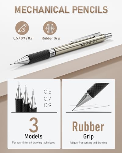 Nicpro 35PCS Art Mechanical Pencil Set, 3 PCS Metal Drafting Pencil | 0.5 & 0.7 & 0.9mm & 3 PCS 2mm Lead Holder (6B 4B 2B HB 2H 4H Colors) For Sketching Drawing With 20 Tube Lead Refills Case - color: Black, style: 0.5 0.7 0.9 2.0