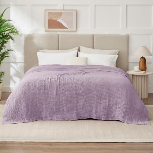 100% Cotton Muslin Blanket Twin XL 66" x 90", Breathable and Cooling Bed Blankets, Soft Boho Coverlet Bedspread, Gauze Bedding for Adults All Season, Purple, Lavender - color: 04 - Lavender, size: Twin Xl(66" X 90")