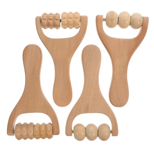 LALAFINA 4Pcs Wooden Massager Rollers Handheld Bead Rollers Lymphatic Acupressure Massage Tool for Men Women Foot, Legs, Arms, Light Brown