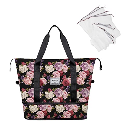 NPBAG Women Travel Duffel, Multi Functional Large Expandable Weekender Carry-on Tote, Gym Workout Overnight Bag, Mommy Hospital Bag for Labor and Delivery - color: Basic-Colorful Peony, style: Basic Version