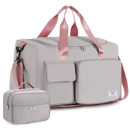 FIORETTO Women's Gym Duffle Bag with Shoes Compartment, 30L Capacity, Ideal for Travel, Gym, Sports, Duffel, Weekender - color: Grey & Pink, style: Gym Bag With Toiletry Bag