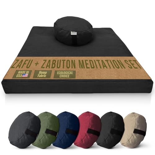 Meditation Cushion Mat Set HEMP - Round Zafu Floor Pillow Organic Buckwheat Pillow + Cotton Filled Zabuton Prayer Pad - Meditation Pillow Yoga Knee Pad - Made in USA - 14" Round, BLACK Hemp - color: Black - Hemp, size: Round Combo