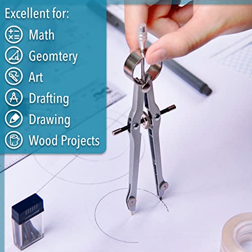 Mr. Pen- Professional Compass for Geometry, Extra Lead | Metal Compass Drawing Tool for Students, Drafting and Engineering, Technical Drawings, Circles and Geometry Projects - color: Silver
