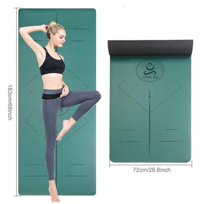 Natural Rubber Yoga Mat - Non Slip Non Toxic - 5mm Thick Yoga Mat for Hot Yoga/Pilates - Extra Large 26.8’’ with Alignment Guide - Sweat Proof - with Carrying Bag - color: Forest Green
