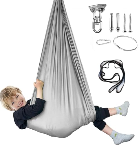 Aokitec Sensory Swing for Kids & Adult, Indoor Outdoor Cuddle Hammock Chair | Therapy swing, Special Needs, Autism, ADHD, Adjustable, Soft Nylon 300LB Capacity, 360 Swivel Hanger, All Hardware Included - color: Light Grey