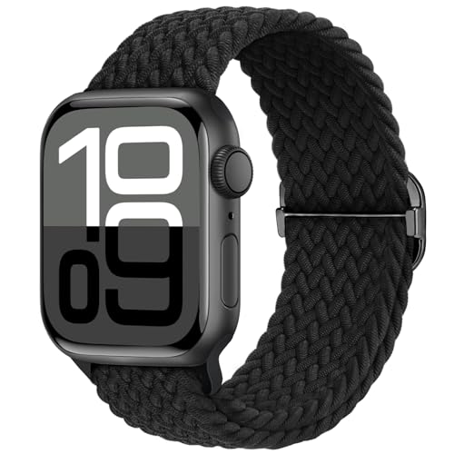 Braided Stretchy Nylon Band Compatible for Apple Watch Bands Women Men - color: Black, size: 44mm/45mm/46mm/49mm