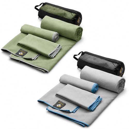OlimpiaFit Quick Dry Towel - 3 Size Pack of Lightweight Microfiber Travel Towels w/Bag - Fast Drying Towel Set for Camping, Beach, Gym, Backpacking, Sports, Yoga & Swim Use - color: Grey/Khaki (3 Size Set, 2-pack)