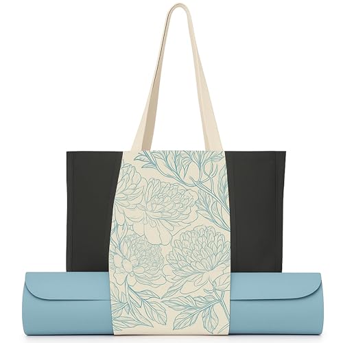 Large Canvas Yoga Tote Bag with Yoga Mats Bags Carrier Floral Eco Friendly Cotton Shoulder Bag for Pilates, Gym, Beach, Groceries & Travel YG12