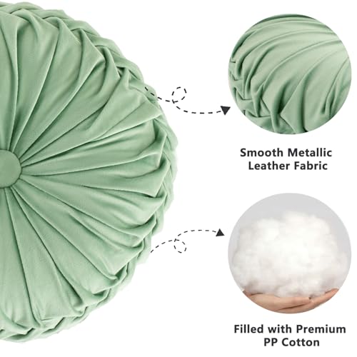 HIG Set of 2 Sage Velvet Decorative Round Pleated Throw Pillows - color: Sage
