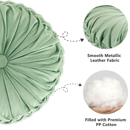 HIG Set of 2 Sage Velvet Decorative Round Pleated Throw Pillows - color: Sage