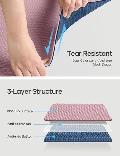 Heathyoga Yoga Mat Non Slip TPE Pilates Exercise Mats for Home Workout Gym Fitness Eco Friendly Thick Hot Yoga Mat with Strap Body Alignment,72"x 26" Thickness 1/4" - color: Pink
