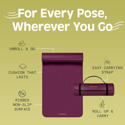 Retrospec Solana Yoga Mat Thick 1/2in Non-Slip Workout Mat with Nylon Strap - 72x24in Exercise Mat for Pilates, Stretching & Fitness - BPA Free, Easy Clean - color: Boysenberry