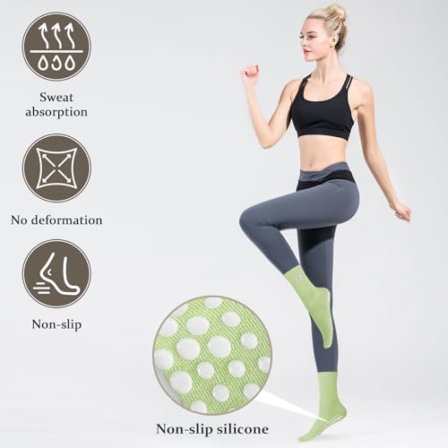 Women's Pilates Grip Socks, Ruffle Non Slip Bow Pattern Yoga Socks | Grippy, Frilly Trim, Embroidery, Crew Length, Soft Cotton, Arch Support, for Barre Ballet Dance Workout Hospital Home Gifts - color: C08-matcha(white Bow)*2