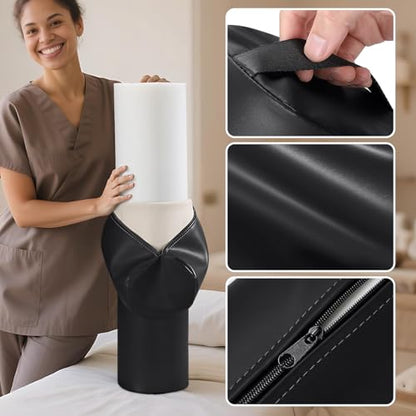 Full Round Bolster Pillow for Legs, 26 x 6 inch Bolster for Massage Table | PU Leather Under Knee Pillow with Strap Handle, Under Back Ankles Leg Pain Relief Massage Table Bolster for Yoga & Spa - color: 6" Full Round - Black