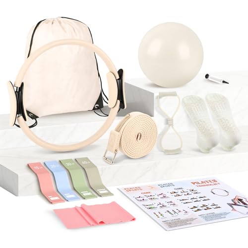 Tuhangcc Pilates Kit Women's Home Pilates Kit Ivory White Series Yoga Ball 15-inch Pilates Ring Instruction Manual Figure-8 Resistance Band and Other Accessories for Beginners for Home Workouts