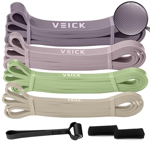 VEICK Pull Up Assist Resistance Bands for Home Gym | 100% Natural Latex, Non Slip Leather Texture, Space Saving, Full Body Training for Men Women - color: Green/Purple Set of 4 + Hand Grip Pads