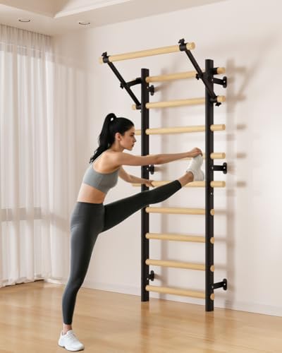 Cofiyard Swedish Ladder Wall Gym, Wooden Wall-Mounted Stall Bars with Pull-up Bar & Exercise Straps & Dip Bars, Stretching Ladder Full Body Home Gym Adults New - color: Black