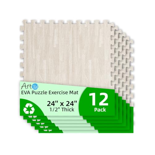 Art3d 12 Pack 24" x 24" EVA Interlocking Exercise Mats, 1/2" Thick Foam Puzzle Flooring for Workout, Gym Equipments, Training Areas, 48 Sq.FT, White Oak - color: White Oak, size: 48 Sq Ft