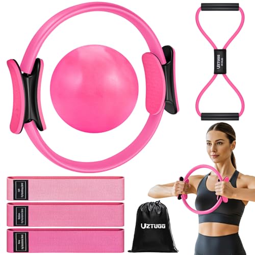 UZTUGG Pilates Equipment Kit at Home for Women, 4-in-1 Workout Essential Set with Pilates Ring, Fabric Resistance Bands, Figure 8 Resistance Band, Pilates Ball–Full Body Toning, Yoga & Stretching - color: pink pilates kit