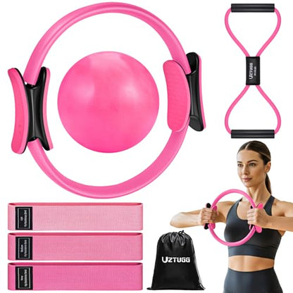 UZTUGG Pilates Equipment Kit at Home for Women, 4-in-1 Workout Essential Set with Pilates Ring, Fabric Resistance Bands, Figure 8 Resistance Band, Pilates Ball–Full Body Toning, Yoga & Stretching - color: pink pilates kit
