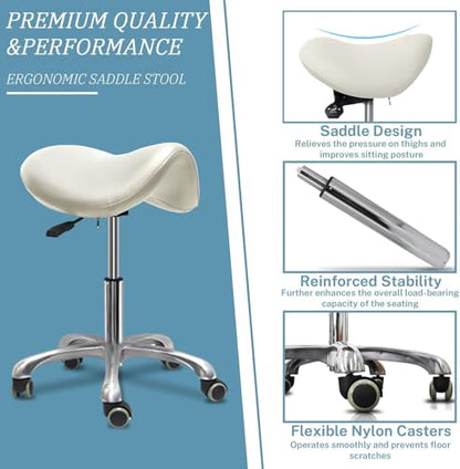 Ergonomic Saddle Chair,Heavy-Duty Rolling Stool with Wheels | 500lbs|Adjustable Height |360° swivel Silent PU casters|For Massage,Salon, barber ,tattoo,Spa ,Drafting,Clinic, Lab, Office - color: White