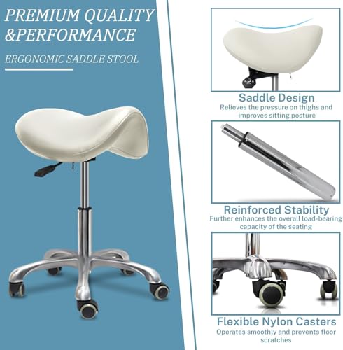 Ergonomic Saddle Chair,Heavy-Duty Rolling Stool with Wheels | 500lbs|Adjustable Height |360° swivel Silent PU casters|For Massage,Salon, barber ,tattoo,Spa ,Drafting,Clinic, Lab, Office - color: White