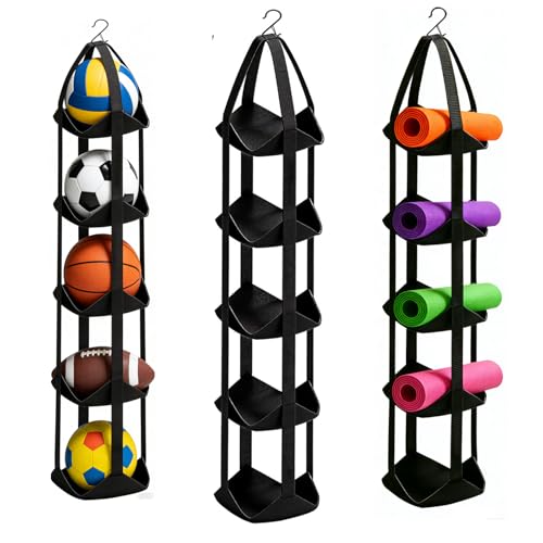 BOXIN 5-Tier Hanging Ball Storage Organizer with Hook for All Sports Balls, Sports Equipment Organizer Holder Toy Organizers, Vertical Hanging Storage,Space-Saving,Home Gym Decor,Yoga Mat Holder - color: Black