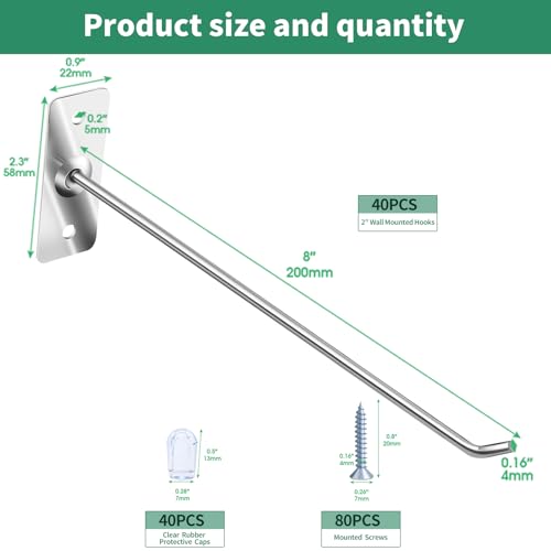 40 Pcs 8"/20CM Stainless Steel Wall Mounted Hooks with Protective Caps and Screws, Coat Bag Hat Utility Hook, Garage Tools Storage Organizer & Hanger for Office Kitchen Home Shop - size: 8" / 20cm