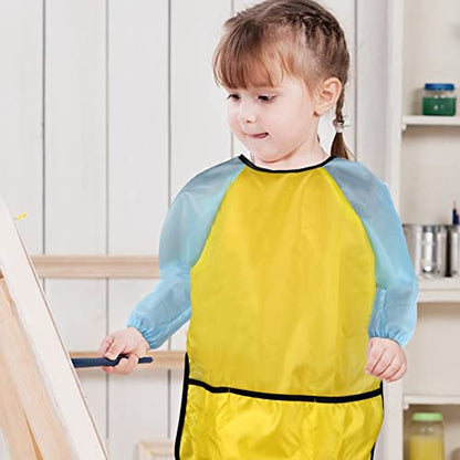 2 Pack Kids Art Smocks Children's Artist Apron Painting Smock with Long Sleeve and 3 Pockets for Age 3-8 - color: Light Blue & Yellow