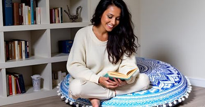 CRAFT KALA 32" Large Round Bohemian Floor Pillow Cover Boho Pouf Cover Mandala Meditation Room Pillows Cover Adults Seating Poufs Cushion Cover for Kids Reading Playroom Blue Ombre - color: Blue Ombre