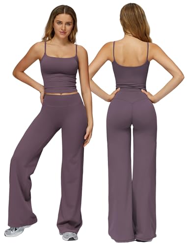 Womens Two Piece Workout Sets Spaghetti Straps Crop Top Matching Straight Leg Pants Gym Yoga Pilates Outfits - color: Deep Purple, size: Medium