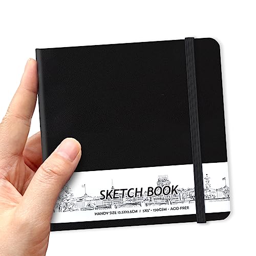 5" x 5" Hardcover Sketch Book,58 Sheets Small Mixed Media Pocket Sketch Pad | PU Cover,150 GSM Acid Free Artist Drawing Paper,Travel Journal Blank Notebook for Adults Sketching,Illustration.Black - color: 150gsm PU-black