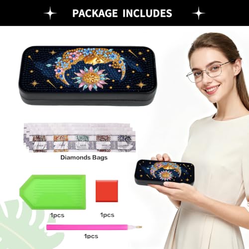 Sun Moon 5D Diamond Art Painting Kit, Hard Shell Eyeglasses Glasses Case | DIY Special Shaped Diamond Dots, Small Gem Art Paint Mosaic Kits, Cute Rhinestone Sunglasses Case for Adults Beginner Women - color: Black Sun & Moon