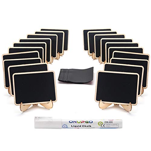 20 Pack Wooden Mini Chalkboard Signs with Easel Stand, 4x3 Inch Small Tabletop Chalkboard for Food Labels, Wedding Place Cards, Party Buffet - Reusable, with Replacement Stickers & Storage Box - color: A: Rectangle Edge Mini Chalkboards