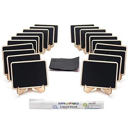 20 Pack Wooden Mini Chalkboard Signs with Easel Stand, 4x3 Inch Small Tabletop Chalkboard for Food Labels, Wedding Place Cards, Party Buffet - Reusable, with Replacement Stickers & Storage Box - color: A: Rectangle Edge Mini Chalkboards