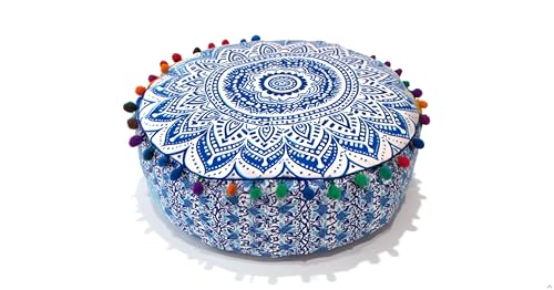 CRAFT KALA 16" Round Large Hippie Mandala Meditation Floor Ottoman Pillow Cushion Pouf Cover Square Poufs Bohemian Circle Floor Cushion Case Outdoor Fireplace Yoga Living Room Decor Cover Blue Ombre - color: Blue and White, size: 16"D x 16"W x 5"H