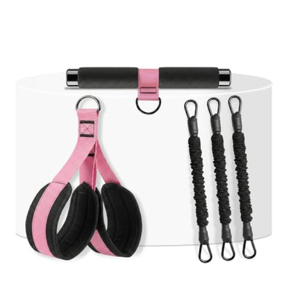 3-Tube Pedal Resistance Band with Handles, 90lbs Peak Resistance | Nylon-covered straps prevent snap injury. Padded pedals & non-slip grips ensure comfortable full body exercises. Beginner gym - color: Black/Pink