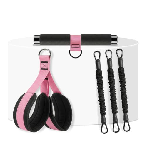 3-Tube Pedal Resistance Band with Handles, 90lbs Peak Resistance | Nylon-covered straps prevent snap injury. Padded pedals & non-slip grips ensure comfortable full body exercises. Beginner gym - color: Black/Pink
