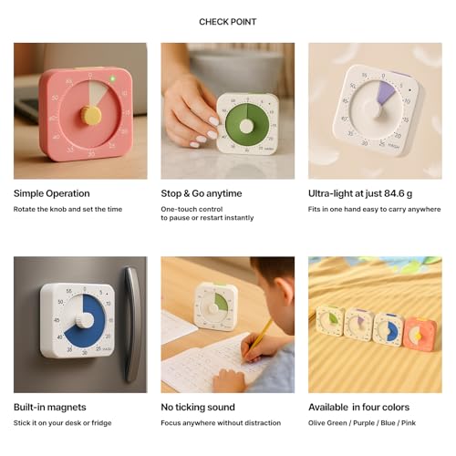 60 Minute Visual Timer for Kids - Premium Countdown Timer with Magnetic Back & Pause Function, Silent Operation for Classroom Teaching Home, Time Management Tool(Batteries Included) (Purple) - color: Purple