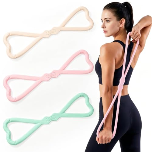 Figure 8 Resistance Bands 3 Pack, 21.6" Extra Long Elastic Exercise Bands with Handles, 15/25/35LB Stretching Band Set for Physical Therapy, Yoga, Pilates, Arm Back Shoulder Workout - color: Beige + Pink + Green