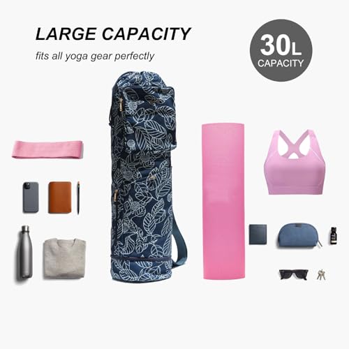 ESVAN Yoga Mat Bag with Multi Pockets Drawstring Yoga Mat Carrier Pilates Exercise Multi-Functional Storage Bag - color: Canvas Navy Leaf