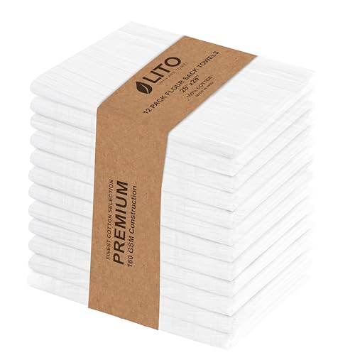 LITO LINEN AND TOWEL Flour Sack Towels – 100% Cotton, 28x28 Inches, Highly Absorbent, Embroidery-Ready Tea Towels for Kitchen & Crafts, Farmhouse Decor, Pack of 12 White - color: White, size: 28"x28"-Pack of 12