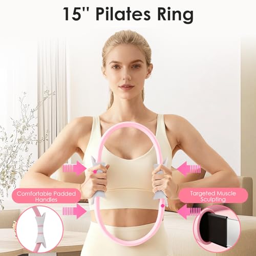 16 PCS Pink Pilates Ring and Ball Set for Women with 15" Magic Circle, Home Pilates Equipment Kit with Adjustable 1LB Ankle Wrist Weight, Resistance Band, Gliding Discs, Pilates Essentials Accessories