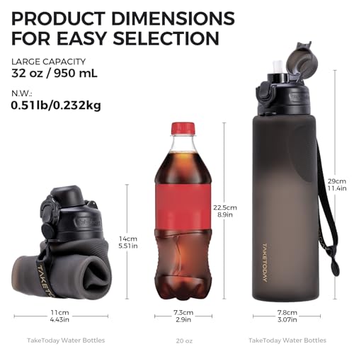 TakeToday Collapsible Water Bottles, Foldable for Travel, 32oz, Black | Compact Foldable Travel Bottle with Straw, TSA-Approved Leakproof Silicone, BPA-Free for Hiking & Outdoors - color: Black
